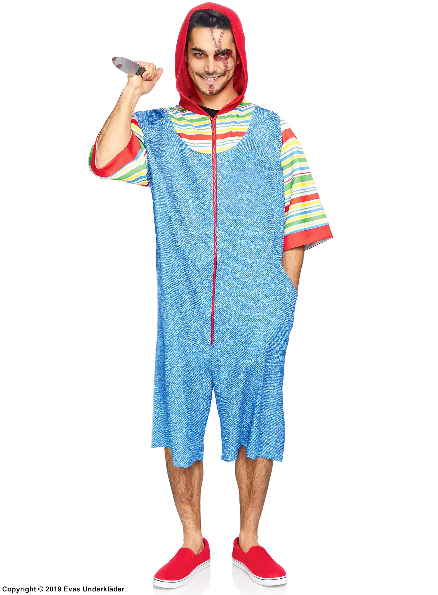 Chucky from Child's Play, jumpsuit costume, hood, front zipper, horizontal stripes